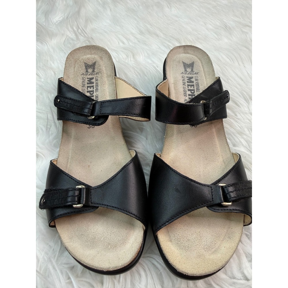 Mephisto Air-Relax Black Leather Wedge Sandals Adjustable Straps Women Size 38